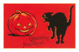 Greetings for Halloween, Black Cat and Jack O'Lantern Poster