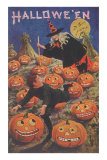 Boy Fleeing Witch and Leering Pumpkins Print