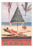 Merry Christmas from Hawaii, Conical Umbrella on Beach Posters