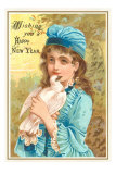 Wishing You a Happy New Year, Victorian Girl with Dove Prints
