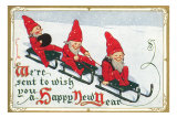 Happy New Year, Elves on Sleds Posters
