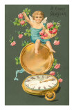 Happy New Year, Cherub with Clover and Watch Poster