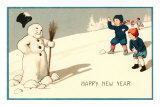 Happy New Year, Children with Snowman Posters