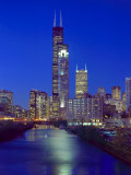 Skyline at night with Chicago River and Sears Tower, Chicago, Illinois, USA Photographic Print by Alan Klehr