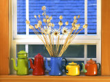 Enamelware Teapots & Coffeepots on Window Sill, Portland, Oregon, USA Photographic Print by Steve Terrill