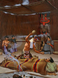 Tlingit Shaman Wearing Spirit Headdress Shakes Rattle over Sick Man Photographic Print by W. Langdon Kihn