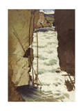 Tsimshian Man Spears a Salmon Above Rapids in a River Gorge Photographic Print by W. Langdon Kihn