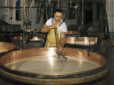 Factory Worker Cubes Swiss Cheese Curds Forming in Milk Photographic Print by Joseph Baylor Roberts