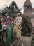 Two Girls Pose on a Bridge Draped in Decorative Shawls Photographic Print by Wilhelm Tobien