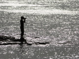 Silhouetted Man on the Edge of a Silvery Sea Reflecting Sunlight Photographic Print by Mattias Klum