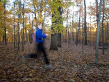 Woman Runs on a Forest Trail in the Fall Photographie par Skip Brown