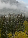 Early Snow Dusts Fall Colored Trees Surrounding Famed Banff Springs Hotel Photographie par Gordon Wiltsie