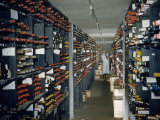 Restaurant Employee Inspects Vintage Bottles in a Wine Cellar Lámina fotográfica por Justin Locke