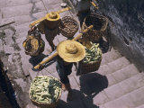 Coolies Trudge Up Stairs with Baskets of Produce on Shoulder Poles Photographie par W. Robert Moore