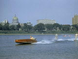 People Water Ski and Canoe on Susquehanna River Near State Capitol Photographie par Walter Meayers Edwards