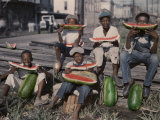 Five Boys Sit Together, Eating Large Watermelon Slices Photographic Print by Edwin L. Wisherd