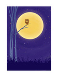 Owl on Branch with Full Moon Poster