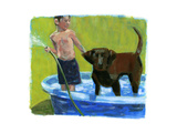 Boy with His Dog in the Pool Poster