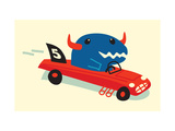 Blue Horned Dino in Racecar Pósters