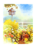 Birdhouse and Bunny in Garden Poster