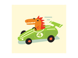 Orange Dino in Green Racecar Affiches