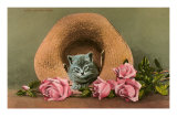 Kitten in Straw Hat with Roses Poster