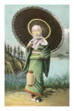 Japanese Woman with Umbrella and Lantern Posters