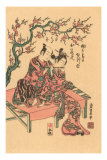 Gravure sur bois japonaise, homme avec geisha jouant de la flûte Affiches