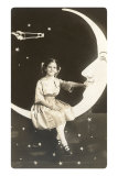 Girl Sitting on Crescent Moon Print