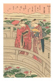 Japanese Woodblock, Two Ladies on Bridge Print