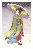 Geisha with Umbrella in Snow Prints
