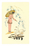 Japanese Woman Feeding Swans Posters
