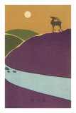 Japanese Deer, Sika on Hill with Moon Affiches