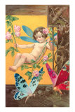 Victorian Cherub Swinging in Roses Poster