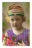Little Girl in Cap Holding Orchids Prints