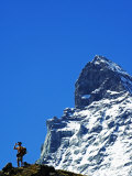 Switzerland the Valais Zermatt Alpine Resort the Matterhorn Hiker on Trail Below Matterhorns Peak Photographic Print by Christian Kober