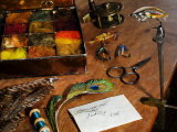 Uk, Antique Fly-Tying Equipment with a Traditionally Tied Salmon Fly in Vice on a Fly-Tiers Bench Photographic Print by John Warburton-lee