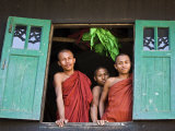 Burma, Rakhine State, Sittwe, Three Novice Monks Look Out of their Dormitory Window at the Pathain  Photographic Print by Nigel Pavitt