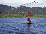 Fisherman in Dugout Canoe Casts Net in Shire River, Lake Malawi's Only Outlet, Southern End of Lake Fotografisk tryk af Nigel Pavitt