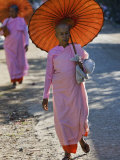 Buddhist Nuns with Bamboo-Framed Orange Umbrellas Walk Through Streets of Sittwe, Burma, Myanmar Photographie par Nigel Pavitt