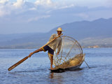 Intha Fisherman with a Traditional Fish Trap, Using Leg-Rowing Technique, Lake Inle, Myanmar Photographic Print by Nigel Pavitt
