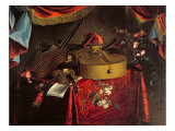 Still Life of Musical Instruments on a Table with Flowers reproduction procédé giclée par Evert Collier