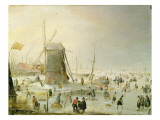 A Winter Scene with Skaters by a Windmill reproduction procédé giclée par Hendrik Avercamp