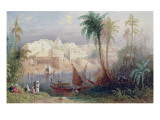 A View of an Indian City Beside a River, with Boats on the River and Figures in the Foreground reproduction procédé giclée par Thomas Allom