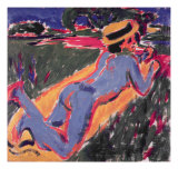 Blue Reclining Nude with a Straw Hat, 1908 reproduction procédé giclée par Ernst Ludwig Kirchner