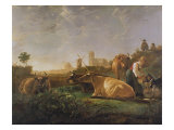 A Distant View of Dordrecht with Sleeping Herdsman and Five Cows reproduction procédé giclée par Aelbert Cuyp