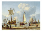 Ships in Calm Water with Figures by the Shore reproduction procédé giclée par Abraham Storck