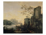 River Landscape with Boats and Ruins Giclée-tryk af Salvator Rosa