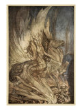 Brunnhilde on Grane leaps on funeral pyre, illustration, 'Siegfried and the Twilight of Gods' reproduction procédé giclée par Arthur Rackham