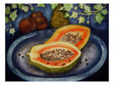 Assorted Fruit, Papaya, Plum, Pear Presented on Blue Platter Covered with Ivy Giclee Print by Images Monsoon